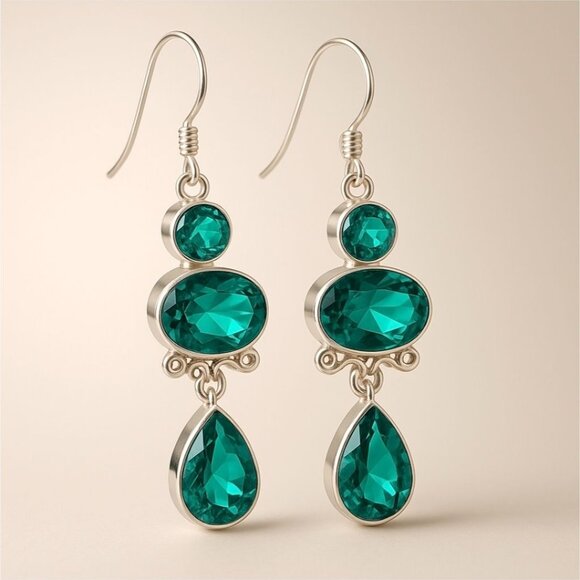 Paraiba Tourmaline ✦ 3-Stone Drop Earrings ✦ Sterling Silver Handmade Statement - Picture 8 of 11